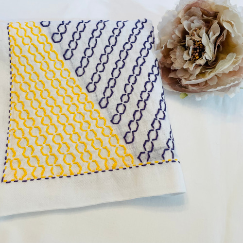 刺し子ふきん オリジナル⭐︎刺し子の花ふきん NO.45 六角つなぎ その他キッチン小物