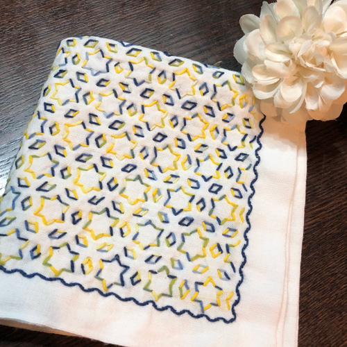 ☆刺し子の花ふきん NO.33 星と三菱☆グラデーション その他キッチン