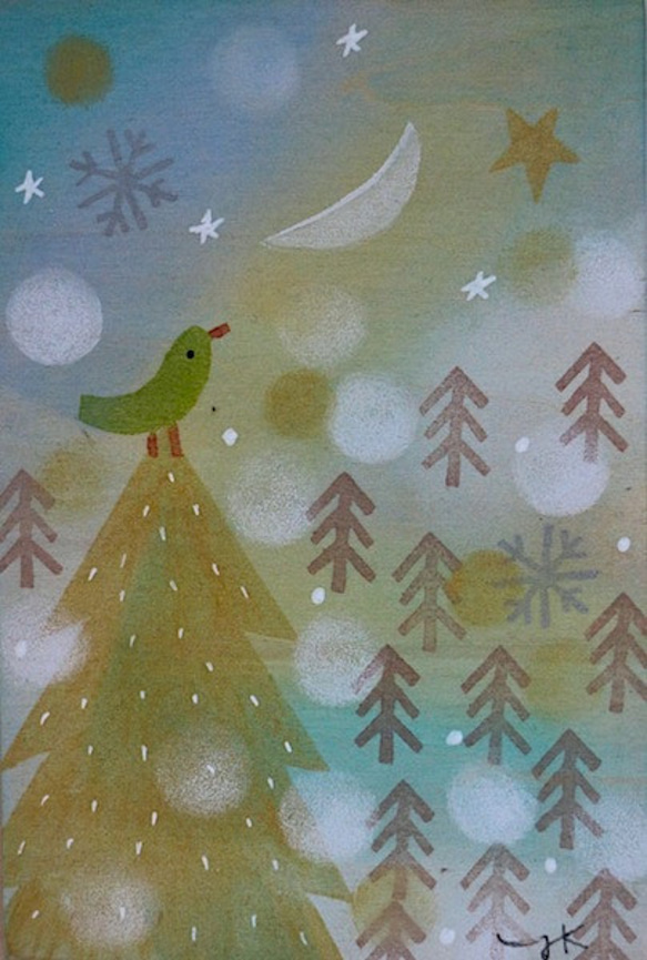 新作　消しゴムスタンプ画２点+カード１点＋額つき　北欧の森の小鳥たち　No2 2枚目の画像