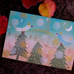 新作　消しゴムスタンプ画２点+カード１点＋額つき　北欧の森の小鳥たち　No2 4枚目の画像