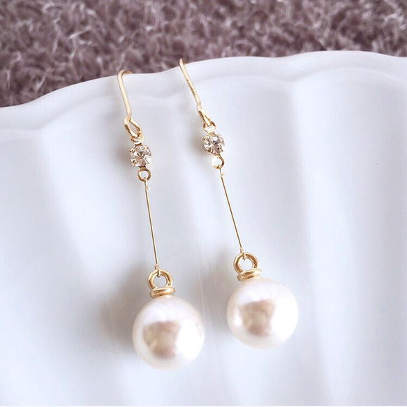 【再販】⋆✧pearl＋rhinestone✧⋆ワイヤーピアス /イヤリング (ゴールド) 3枚目の画像