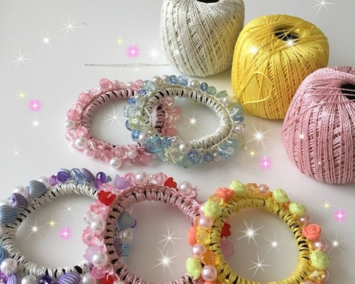 ハーフ シュシュ☆ビーズ ヘアゴム☆ハンドメイド ブルーサンド