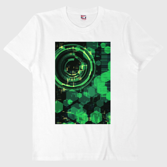 サイバーワールド/電子柄（緑）Tシャツ綿100%【男女兼用】ハニカム柄/近未来 2枚目の画像