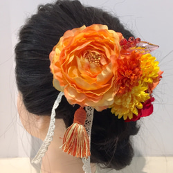 成人式 髪飾り前撮り 和装 卒業式 袴 結婚式 和 着物 オレンジ イエロー レッド タッセル レース 1枚目の画像