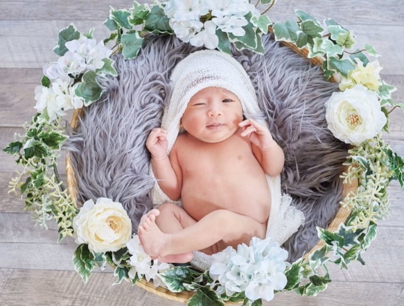 【ニューボーンフォト】写真撮影用フラワーリース 受注制作】ニューボーンフォト フラワーリース 花輪 ホワイト