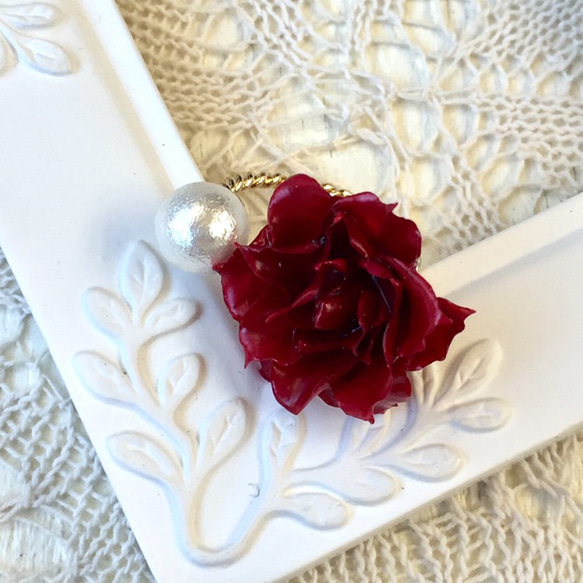 生花 バラ フォークリング レッド 赤 コットンパール プロポーズリング ローズ ゴールド ギフト プレゼント 3枚目の画像