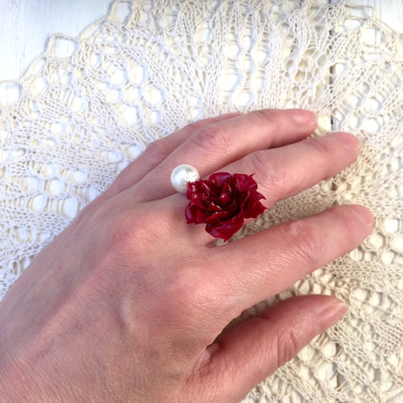 生花 バラ フォークリング レッド 赤 コットンパール プロポーズリング ローズ ゴールド ギフト プレゼント 4枚目の画像