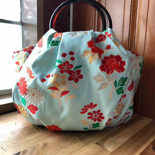 帯リメイク/リュック 紬♥花柄 紺色 未使用【夏大島】紗紬 花柄