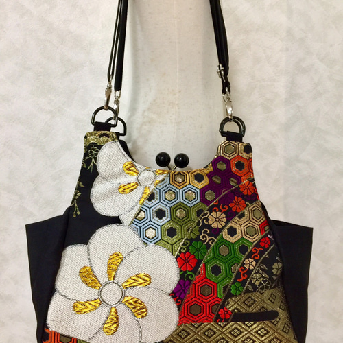 花柄 大島紬×本革 着物リメイク トートバッグ 和装バッグ ハンドメイド A4 大島紬×本革 着物リメイク トートバッグ 和装バッグ ハンドメイド A4