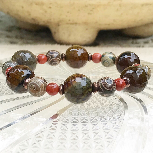 天然石ブレスレット 南紅アゲート三眼天珠一点物