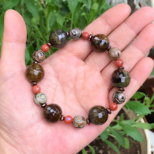 天然石ブレスレット 南紅アゲート三眼天珠一点物