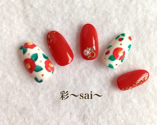 ☆B-119☆和柄ネイルチップ 赤い椿の成人式ネイル（再販 和柄 椿ネイル  