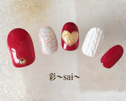 再販☆ホワイト/ニットネイル/冬ネイル/ぷっくりハート ネイルチップ