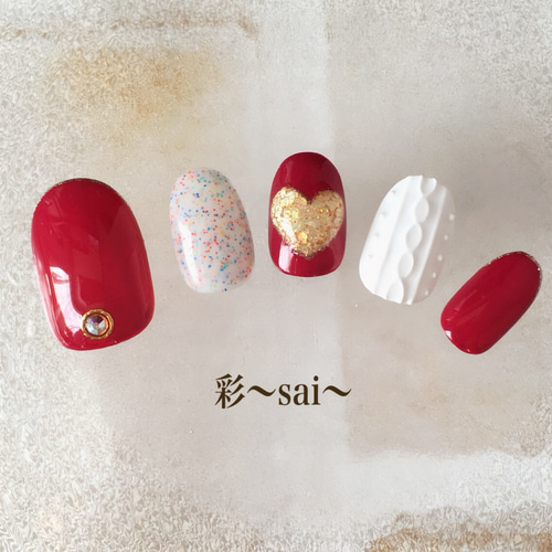 再販☆ホワイト/ニットネイル/冬ネイル/ぷっくりハート ネイルチップ