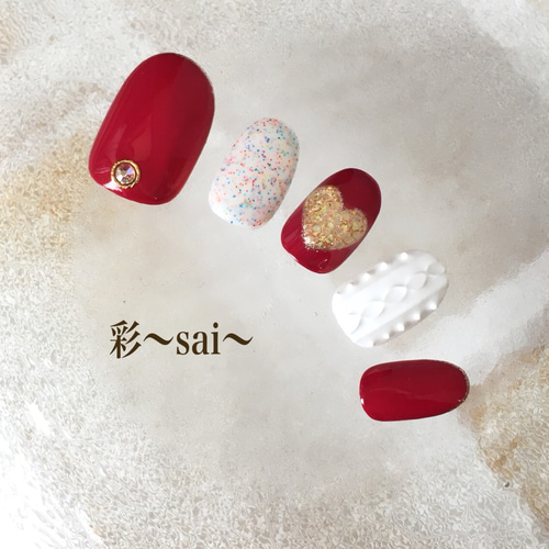 再販☆ホワイト/ニットネイル/冬ネイル/ぷっくりハート ネイルチップ