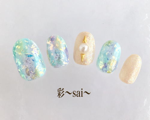 オーダーネイルチップNo.67 夏 海 キラキララメ 貝殻ヒトデパーツ 夏/海/リゾート/ハンド/シェル - Petit Angeのネイルデザイン[No