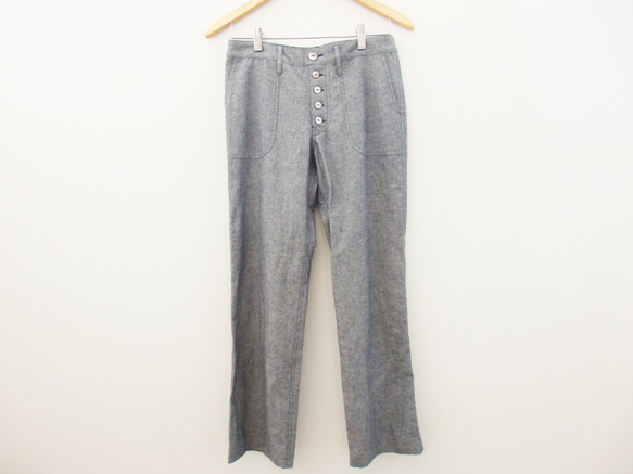 linen cotton straight pants ブルー 1枚目の画像