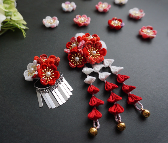 匿名送料無料】七五三 髪飾り 煌紅 つまみ細工髪飾り 5段3連 【受注