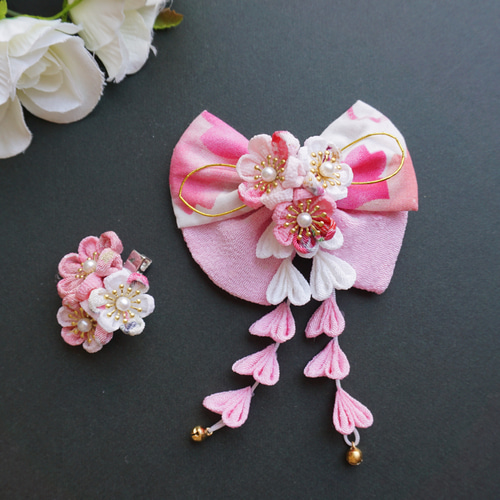 送料無料】七五三 髪飾り つまみ細工リボン髪飾り 桃蝶 5段2連 【受注  