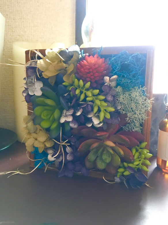 多肉植物とアジサイ 壁掛けボックス(アンティーク調画鋲付き) 5枚目の画像