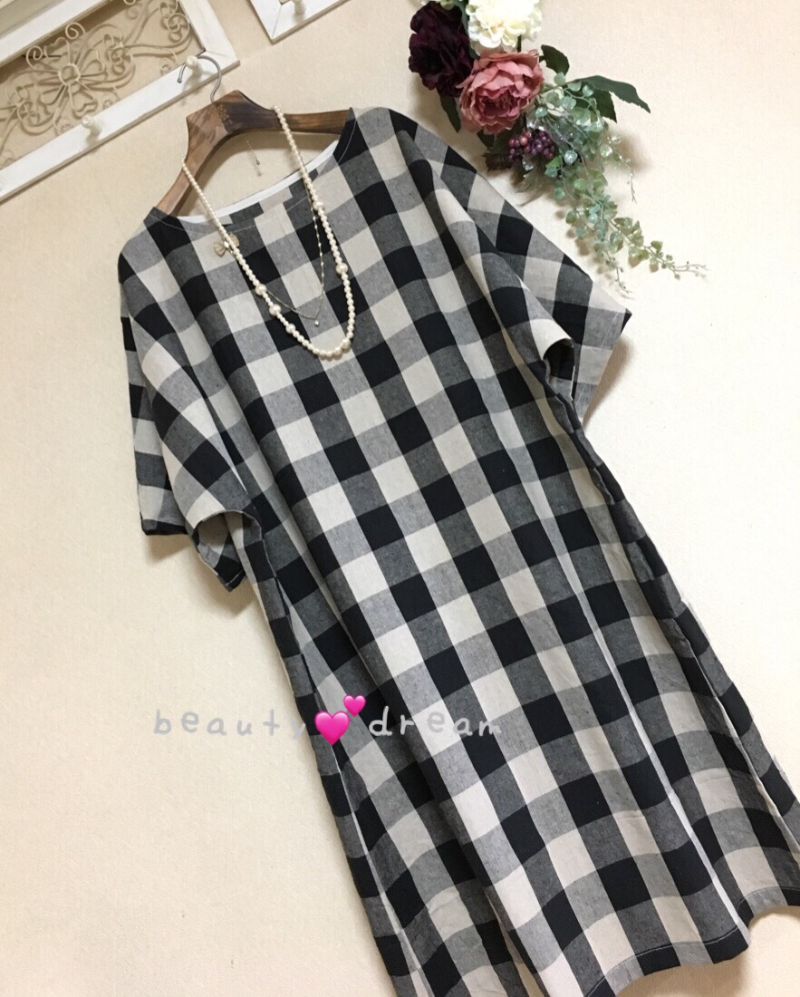 コットンリネン✨ブロックチェックワンピース