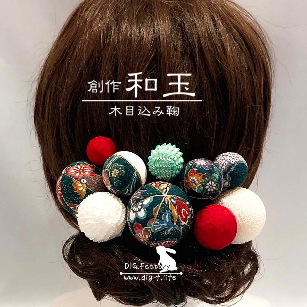 ❤  創作和玉 木目込み鞠 髪飾り ラインストーン入り　05 グリーン　さくら　♪ ヘッドドレス 特大中小 10本セット
