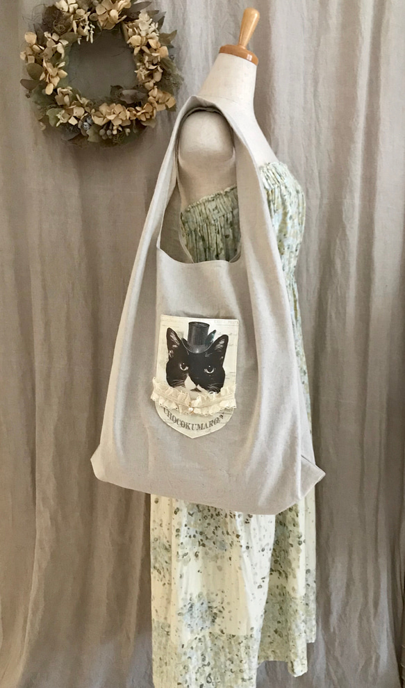 ⭐️受注生産⭐️綿麻ショッピングBAG/猫 1枚目の画像