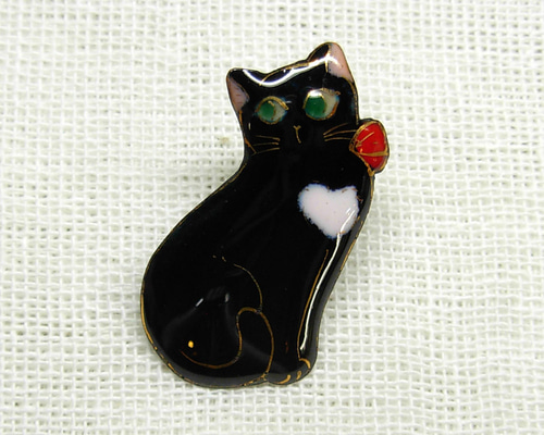 ねこ（赤いリボンの黒猫2016）の七宝焼ミニブローチ【受注制作 