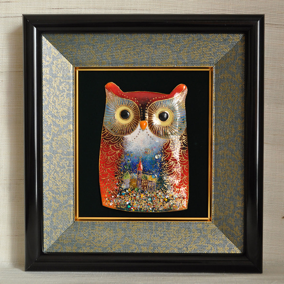 1羽のふくろうの七宝焼飾り額【受注制作】 タペストリー・壁掛け  