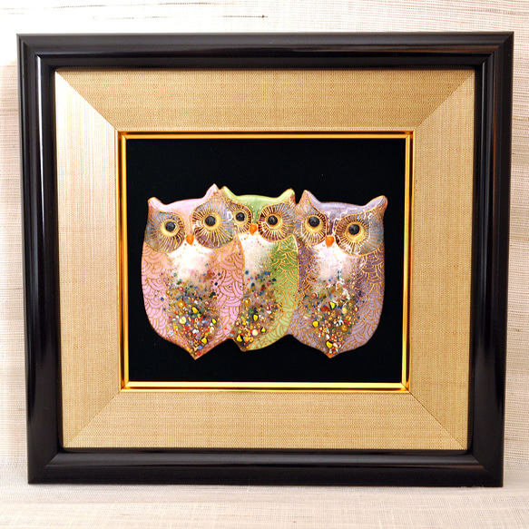 3羽のふくろうの七宝焼飾り額【受注制作】 