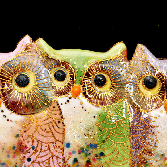 3羽のふくろうの七宝焼飾り額【受注制作】 