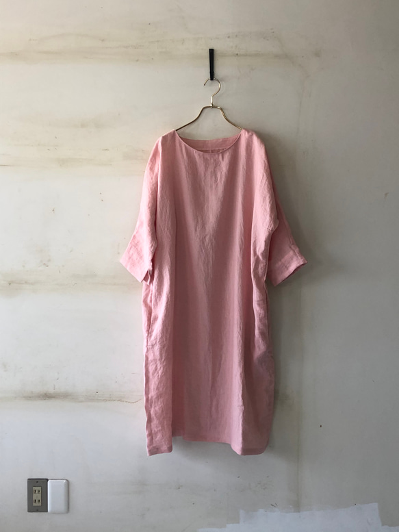 先染めlithuanian linen ドルマンスリーブワンピース /さくらピンク 1枚目の画像