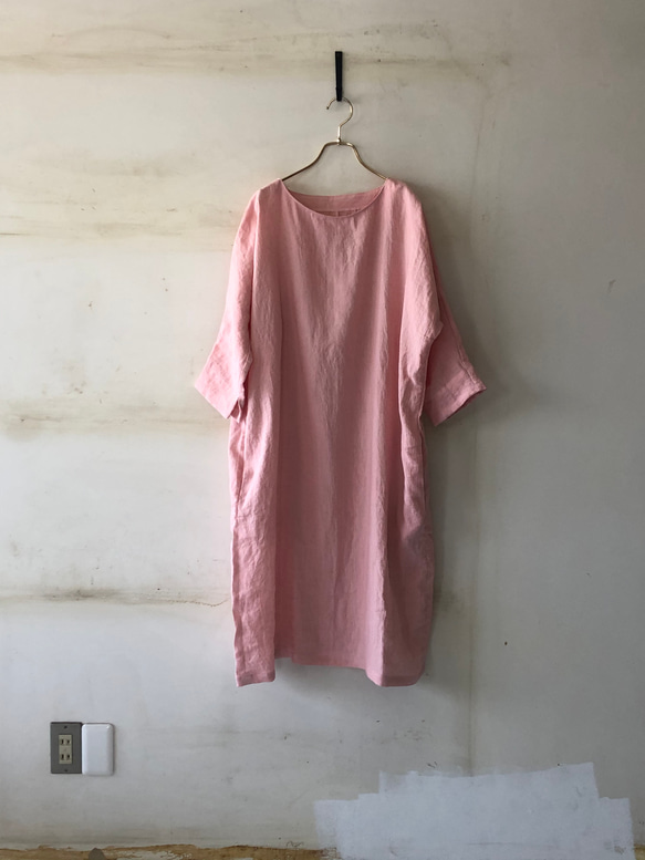 先染めlithuanian linen ドルマンスリーブワンピース /さくらピンク 2枚目の画像