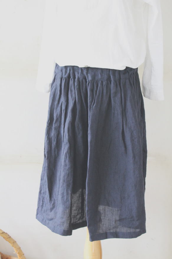 【色・サイズオーダー可】ギャザースカート＊ウォッシュ加工のリトアニアリネン＊ダークブルー 3枚目の画像