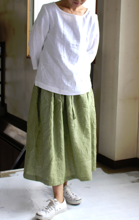 long gathering skirt＊リトアニアリネン"leaf green" 【受注生産品】 3枚目の画像