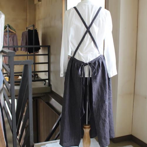 ギャザー入りワンピースエプロン＊リトアニアリネン ロング丈95センチ