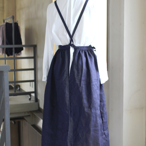 ギャザー入りワンピースエプロンfrenchlinen100％ロング丈仕様