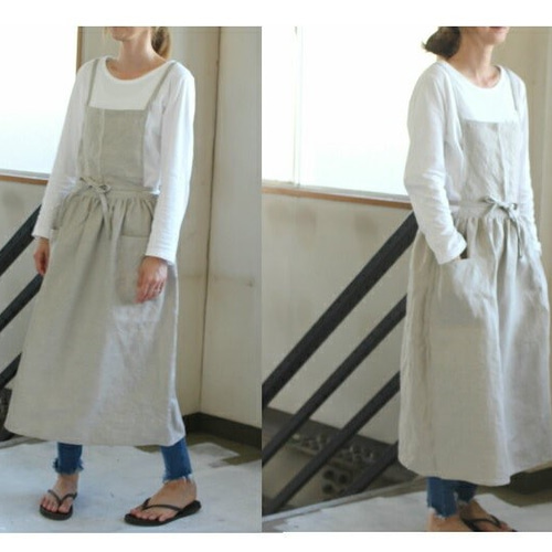 ギャザー入りワンピースエプロンfrenchlinen100％ロング丈仕様