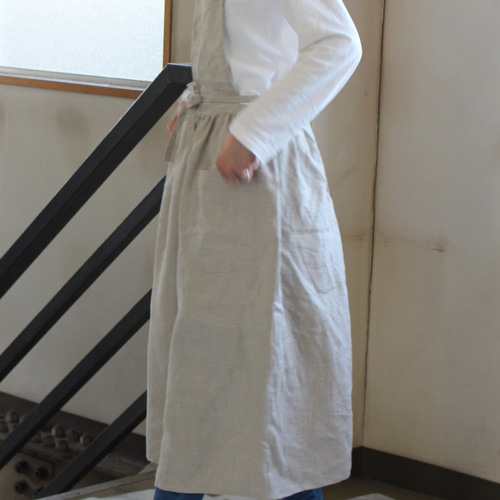 ギャザー入りワンピースエプロンfrenchlinen100％ロング丈仕様