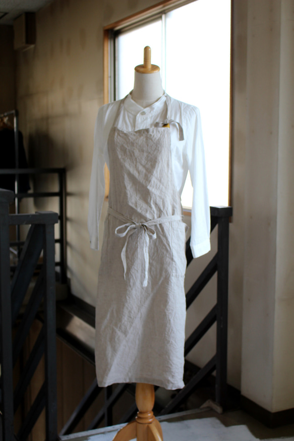 FRENCH LINEN100％　long apron/フルエプロン 生成 1枚目の画像