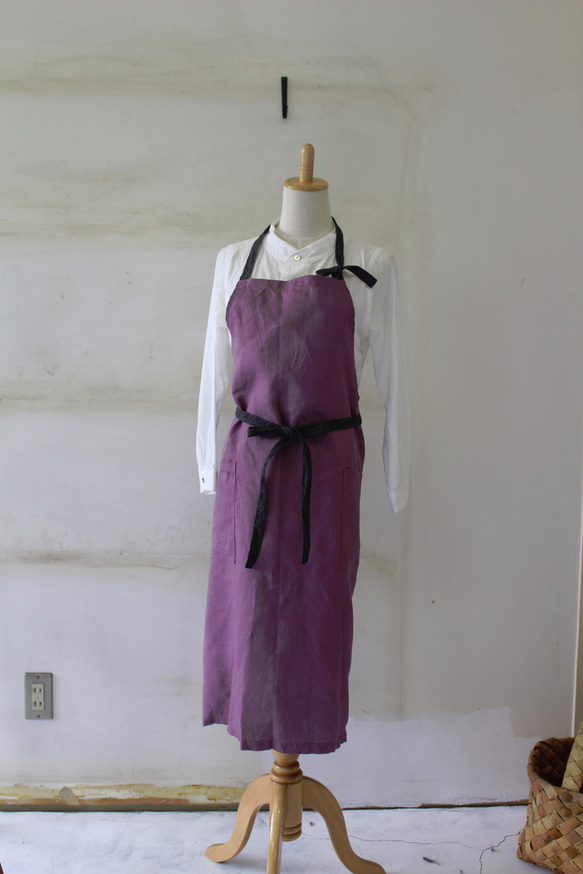 FRENCH LINEN100％　long apron/フルエプロン rose pink+CH 1枚目の画像