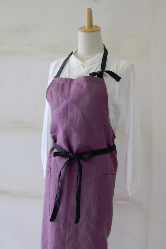 FRENCH LINEN100％　long apron/フルエプロン rose pink+CH 2枚目の画像