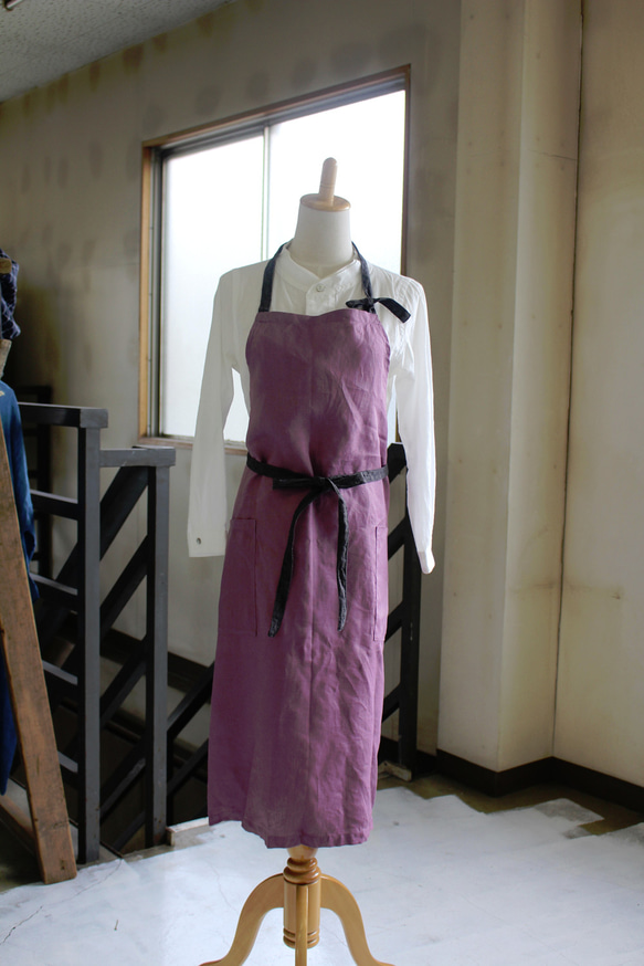 FRENCH LINEN100％　long apron/フルエプロン rose pink+CH 3枚目の画像