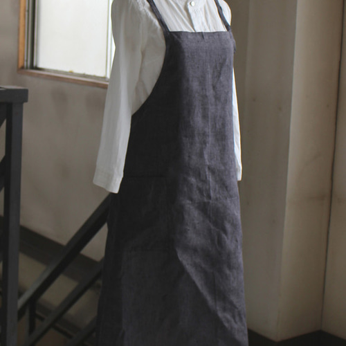 リトアニアリネン100％ 男女兼用フルエプロン オフホワイト/肩紐バック