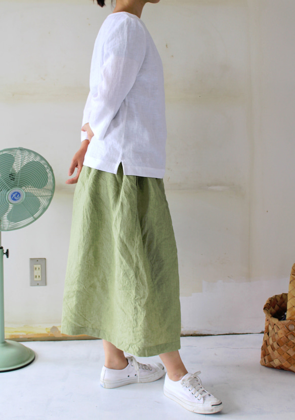 【春お勧め！】long gathering skirt＊リトアニアリネン"leaf green" 1枚目の画像