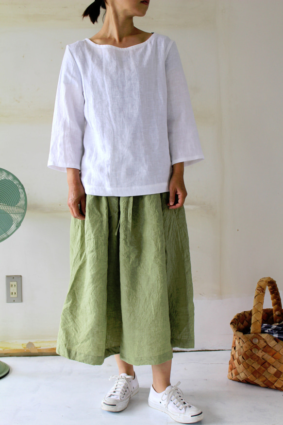 【春お勧め！】long gathering skirt＊リトアニアリネン"leaf green" 2枚目の画像