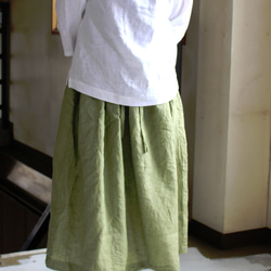 【春お勧め！】long gathering skirt＊リトアニアリネン"leaf green" 3枚目の画像