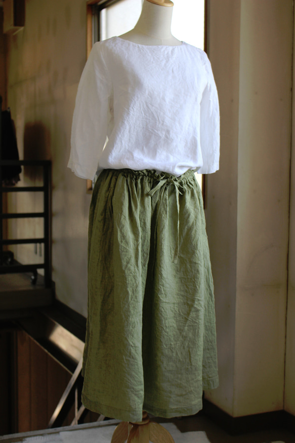 【春お勧め！】long gathering skirt＊リトアニアリネン"leaf green" 5枚目の画像