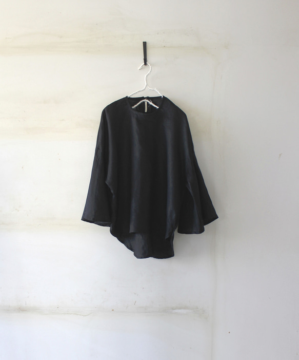 ＜NEW＞フレア袖ブラウスfrench linen100%  black　【受注生産】 4枚目の画像