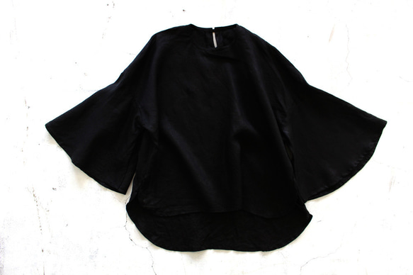 ＜NEW＞フレア袖ブラウスfrench linen100%  black　【受注生産】 6枚目の画像